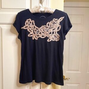 inc., Large, Black Top With Beige Fabric Ribbon and Rhinestones